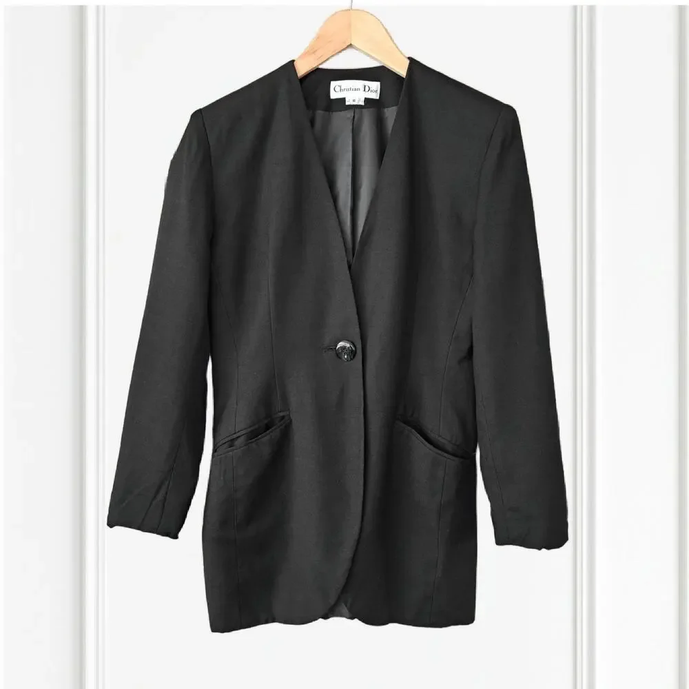 CHRISTIAN DIOR Vintage Black Collarless Blazer Jacket Sz 6 Minimalist Luxury 90s